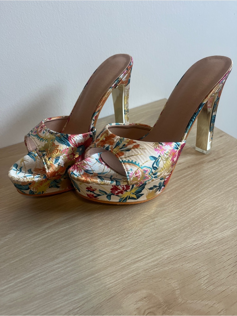Brand New Floral Satin Platform Mule Heels in Pink, Gold, Blue & Green